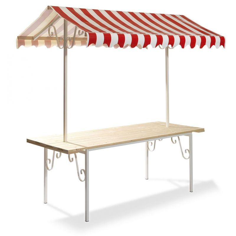Etal de Marché Rouge-Blanc Structure en Acier Thermolaqué Bâche PVC Ignifuge Plateau en Bois - VEBA